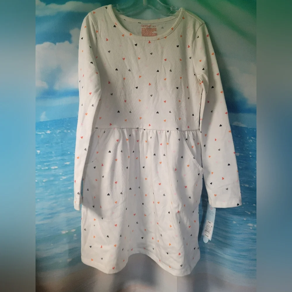 Cat & Jack Girls' White Long Sleeve Dress with‎ Heart Pattern Size S 6/7